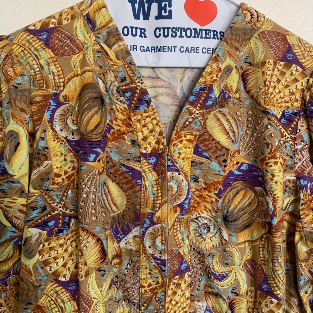 Seashell‎ Starfish Beach Print Midi Dress Womens L Vintage 1990s Pockets House